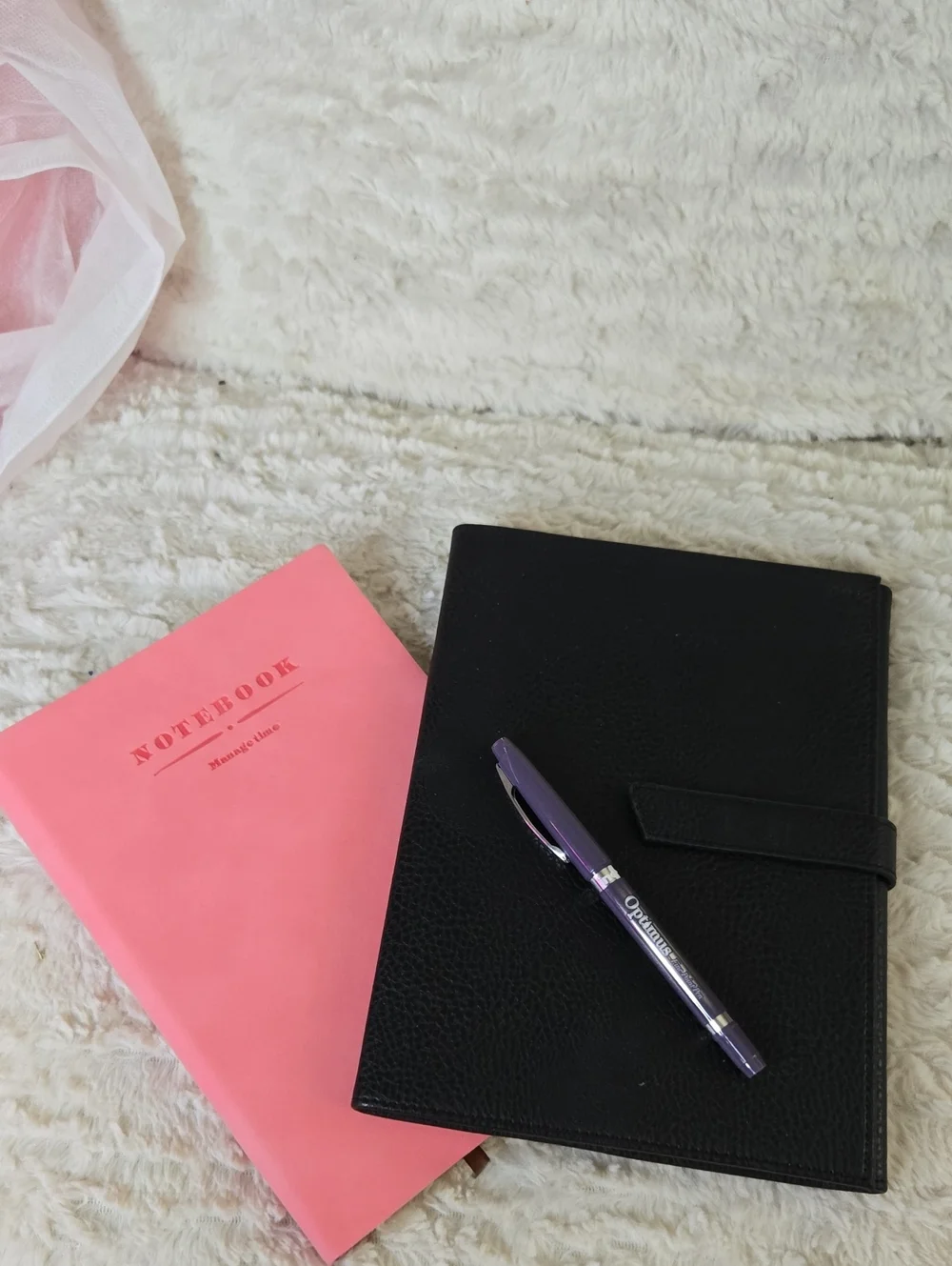 Black Faux Leather Planner with Purple Pen And Manage Time Pink Notebook